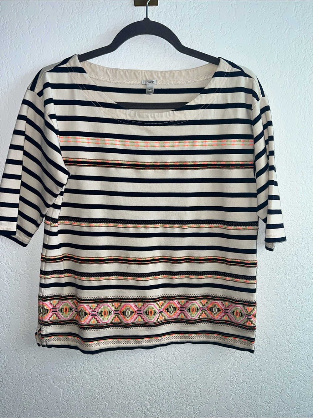 J. Crew Cream and Black Striped Short-Sleeve Top with Pink Embroidered Border